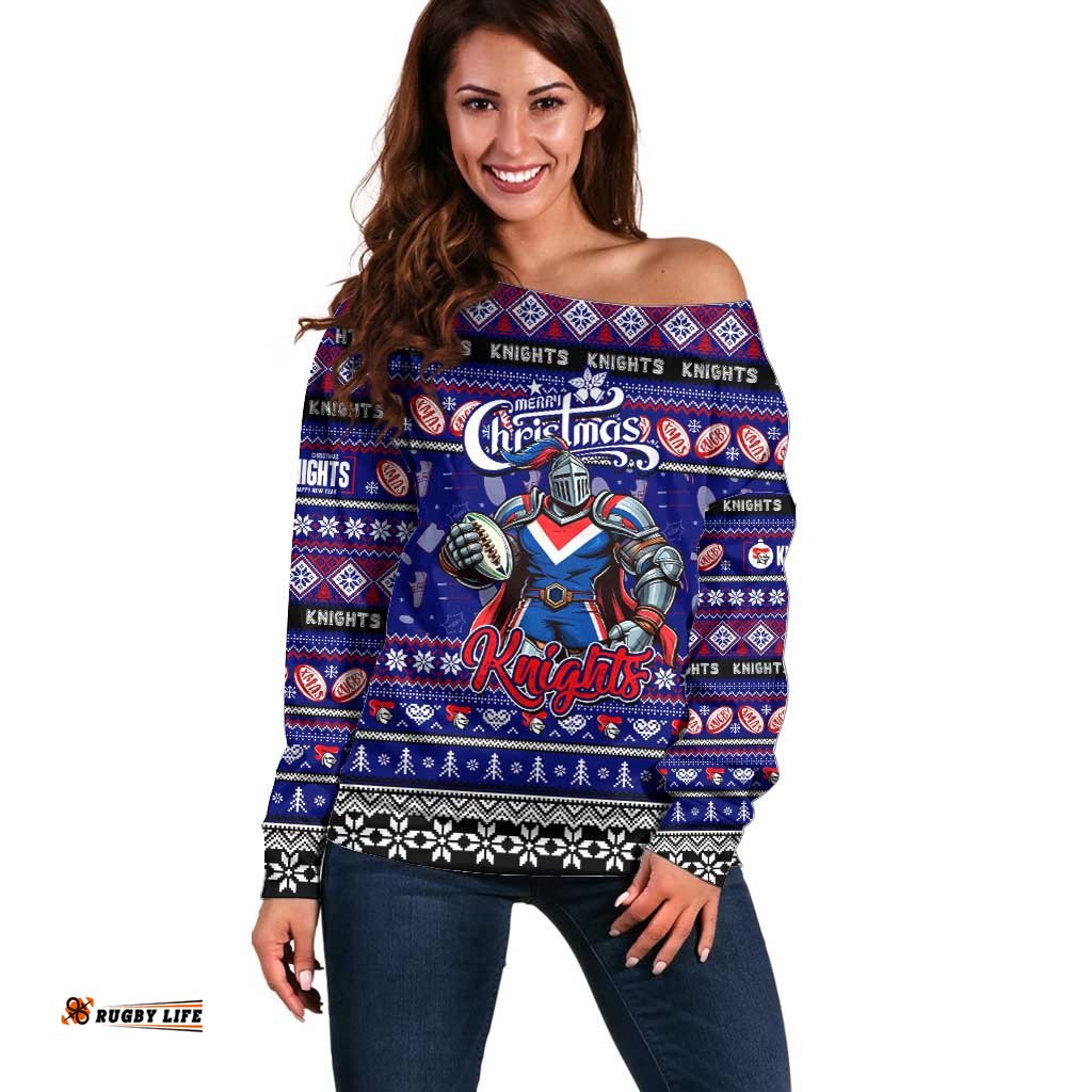 Personalized Knights Rugby Xmas Off Shoulder Sweater Australia NRL Mascot
