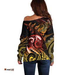 New Zealand Off Shoulder Sweater Aotearoa Hei Tiki Maori Fern Tattoo Arty