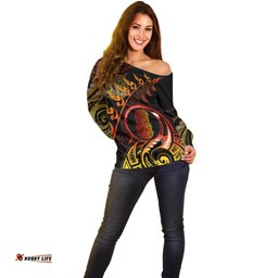 New Zealand Off Shoulder Sweater Aotearoa Hei Tiki Maori Fern Tattoo Arty