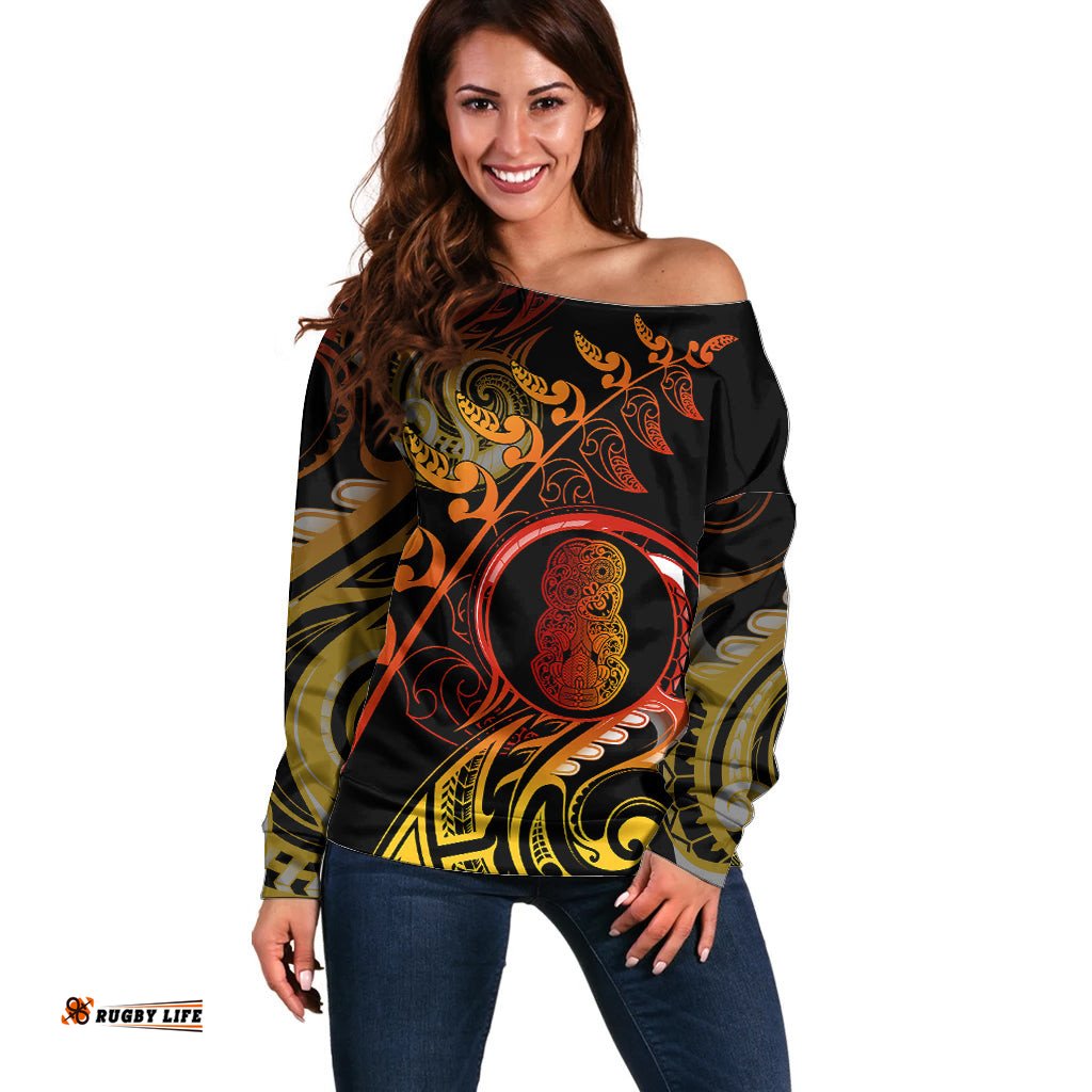 New Zealand Off Shoulder Sweater Aotearoa Hei Tiki Maori Fern Tattoo Arty