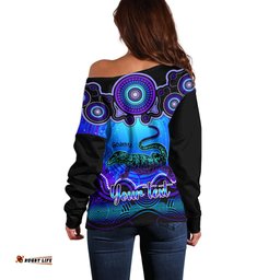 Personalised Australia Capricorn Goanna Zodiac Off Shoulder Sweater Auz Astrology Aboriginal Blue