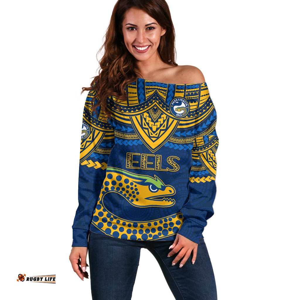 Eels Rugby Off Shoulder Sweater Polynesian and Aboriginal Vibe