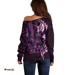 Personalised New Zealand Breast Cancer Off Shoulder Sweater Fight Like A Girl Pink Manaia Fern With Paua Shell