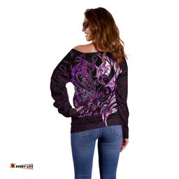 Personalised New Zealand Breast Cancer Off Shoulder Sweater Fight Like A Girl Pink Manaia Fern With Paua Shell
