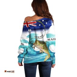 Personalised Australia Fishing Off Shoulder Sweater Barramundi With Ocean Waves Flag Grunge Style