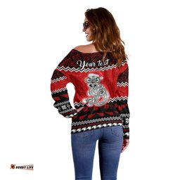 Personalised New Zealand Christmas Off Shoulder Sweater Maori Tiki Meri Kirihimete