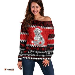 Personalised New Zealand Christmas Off Shoulder Sweater Maori Tiki Meri Kirihimete