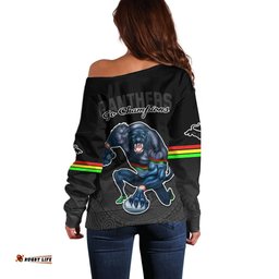 Panthers Premier Off Shoulder Sweater Mascot with NRL Trophy Black Version
