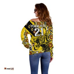 Custom Text And Number Richmond Tigers Football Off Shoulder Sweater Angry Tiger Roaring Aboriginal Boomerang and Dots Art