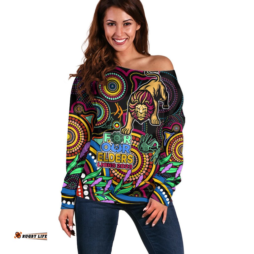 Lions Football Aboriginal Art Off Shoulder Sweater NAIDOC Indigenous Tribal