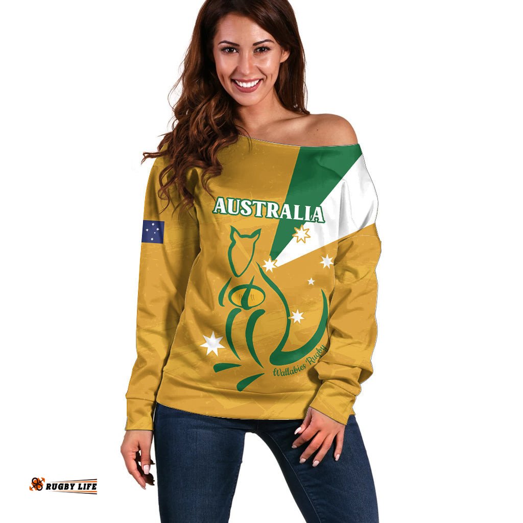 Custom Australia Rugby Off Shoulder Sweater 2024 Wallabies Grunge Style
