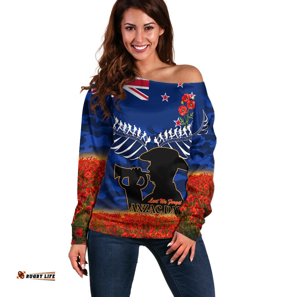 New Zealand ANZAC Day Off Shoulder Sweater 25 April Last Post Camouflage With Poppies