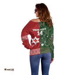 Custom Mate Maa Tonga And Kangaroo Australia Off Shoulder Sweater Tongan Kupesi Mix Aboriginal Art