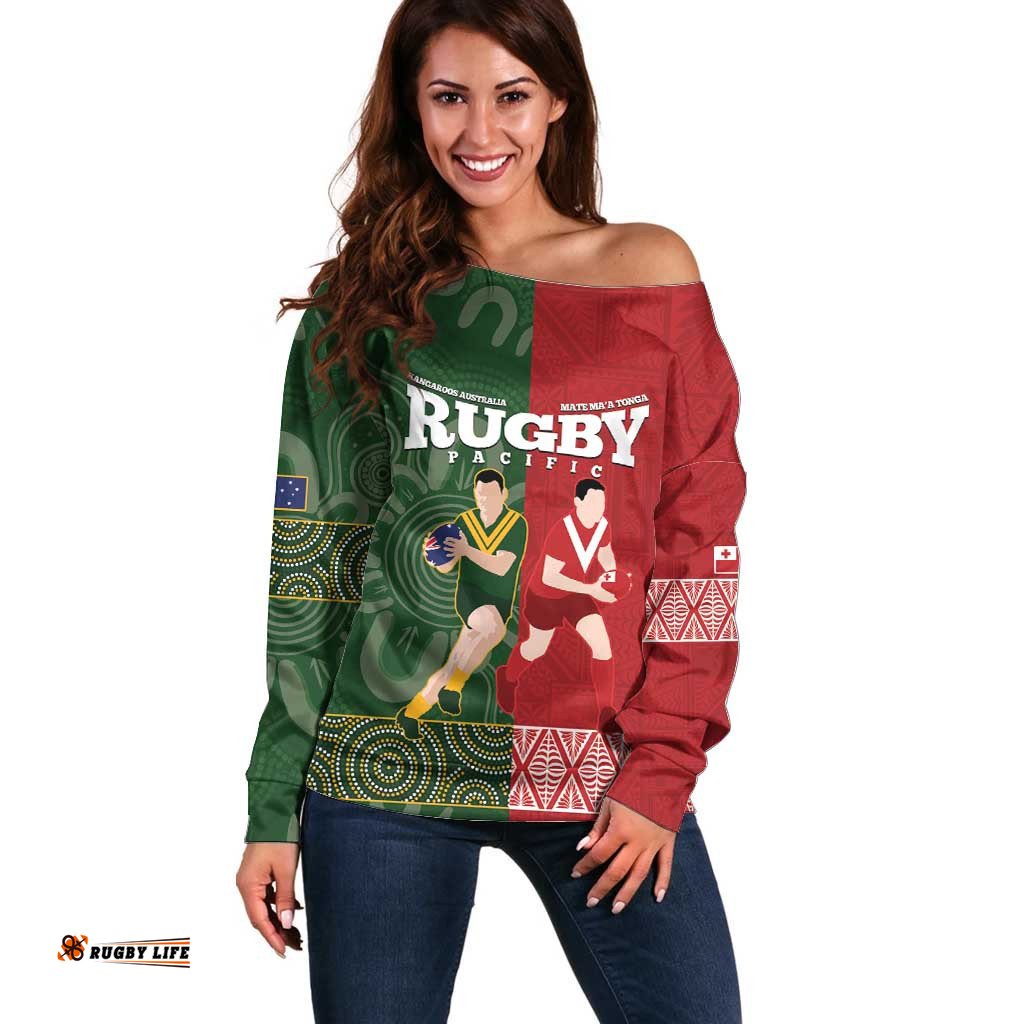 Custom Mate Maa Tonga And Kangaroo Australia Off Shoulder Sweater Tongan Kupesi Mix Aboriginal Art