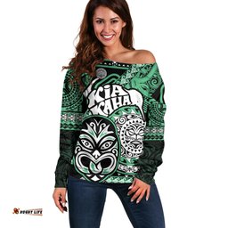 Personalised Te Reo Maori New Zealand Off Shoulder Sweater Aotearoa Kia Haka Maori Tribal Tattoo Green Style