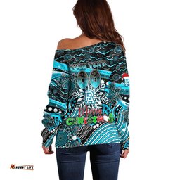 Merry Christmas AFL Power Off Shoulder Sweater Aboriginal Santa Football Mascot