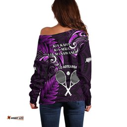 New Zealand Tiki Tennis Off Shoulder Sweater 2024 Aotearoa Tenehi Maori Silver Fern Purple