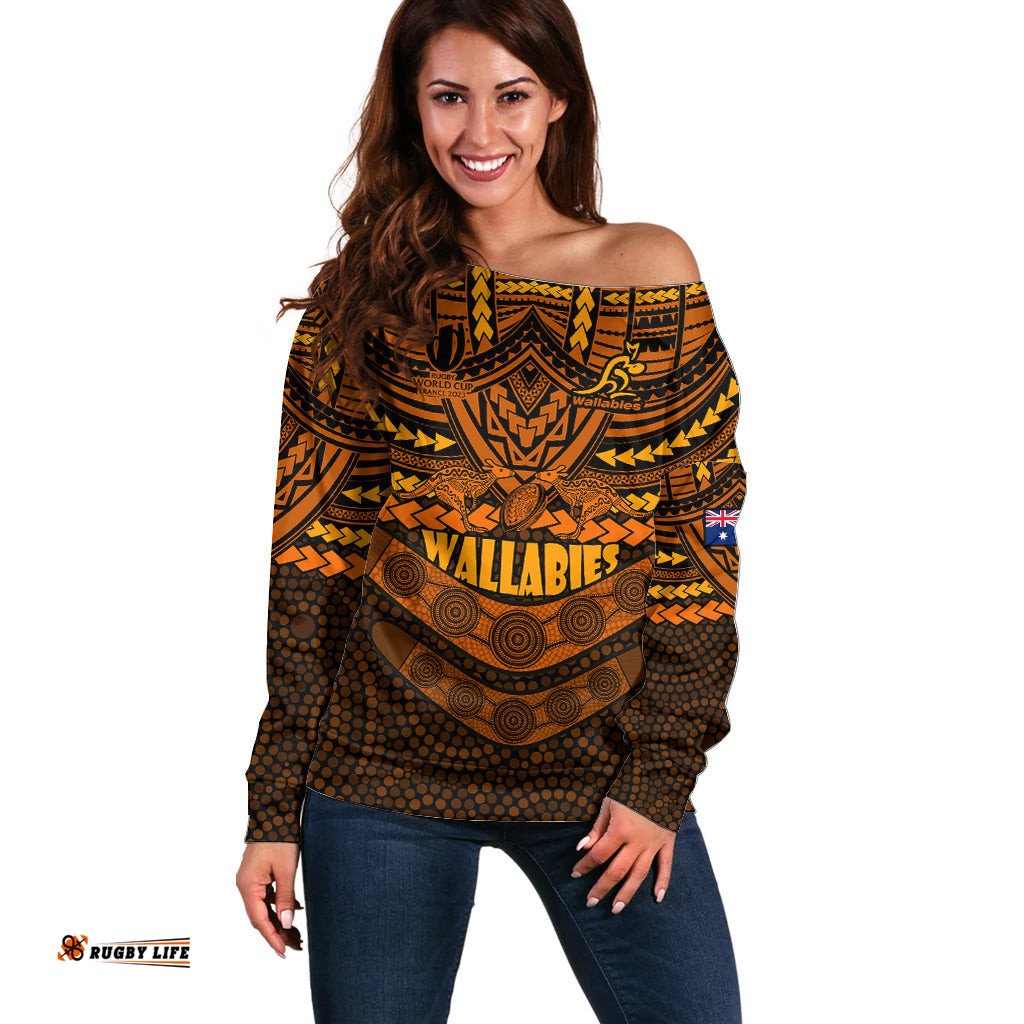 Custom Wallabies Rugby Off Shoulder Sweater Polynesian and Aboriginal Special Orange Version