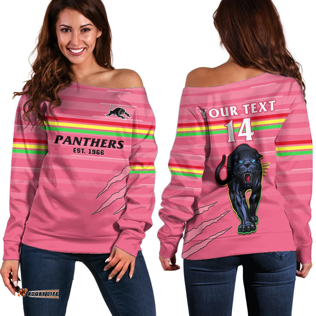 Custom Text And Number Penrith Panthers Rugby Off Shoulder Sweater The Riff Est 1966 Pink Sporty