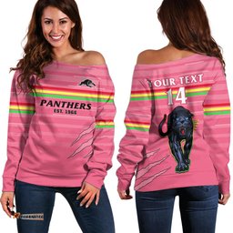 Custom Text And Number Penrith Panthers Rugby Off Shoulder Sweater The Riff Est 1966 Pink Sporty