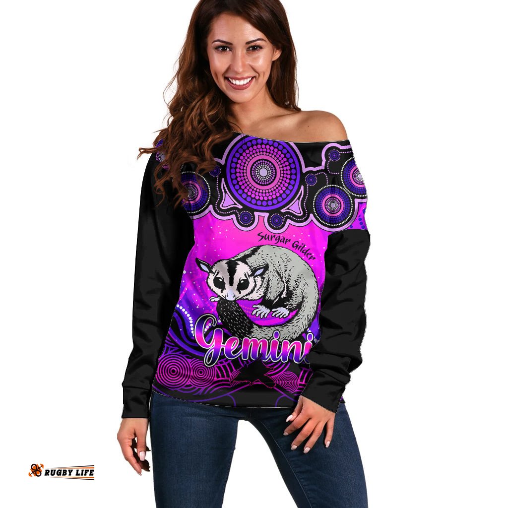 Personalised Australia Gemini Sugar Gilder Zodiac Off Shoulder Sweater Auz Astrology Aboriginal Magenta