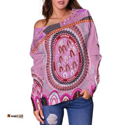 Custom Text and Number Aboriginal Stand Up Off Shoulder Sweater Circle Dot with Lizard Version Pink
