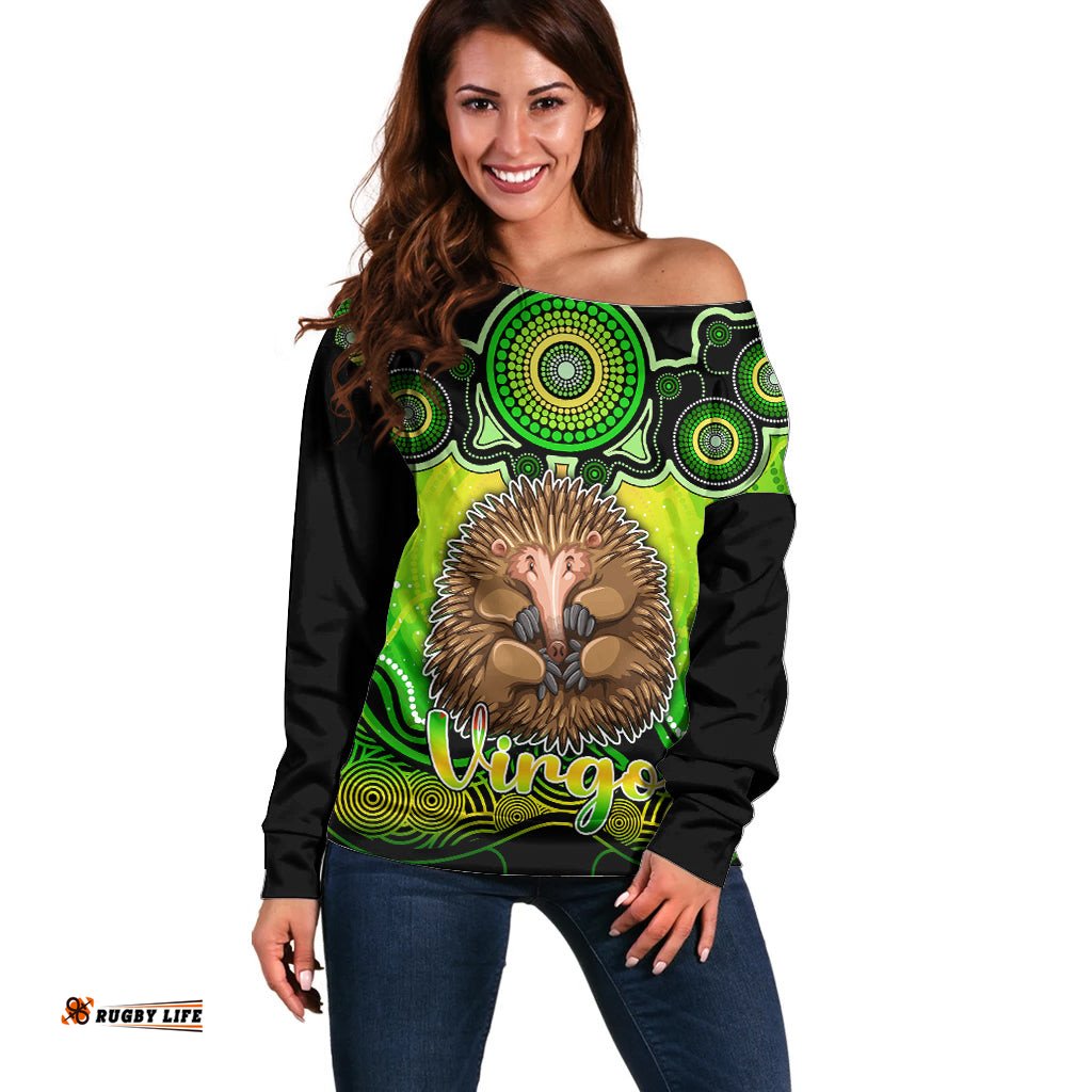 Personalised Australia Virgo Echidna Zodiac Off Shoulder Sweater Auz Astrology Aboriginal Green