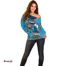 Custom NRL Titans NAIDOC Week Off Shoulder Sweater Keep The Fire Burning Indigenous Art