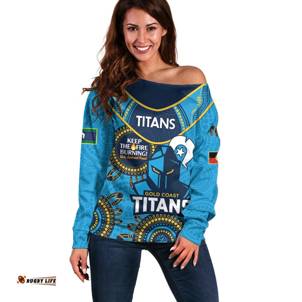 Custom NRL Titans NAIDOC Week Off Shoulder Sweater Keep The Fire Burning Indigenous Art