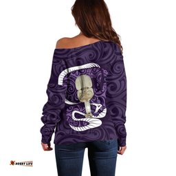 Purple New Zealand Eel Off Shoulder Sweater Aotearoa Maori Tuna With Kotiate Weapon