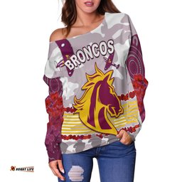 Broncos Anzac Day Women Off Shoulder Sweater Aboriginal Lest We Forget Ver.02