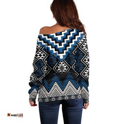 Blue Taniko Aotearoa Off Shoulder Sweater Niho Taniwha Mix Poutama