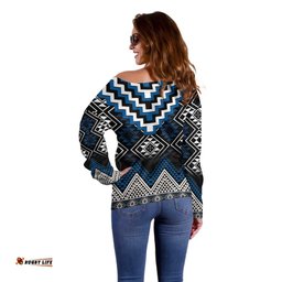 Blue Taniko Aotearoa Off Shoulder Sweater Niho Taniwha Mix Poutama