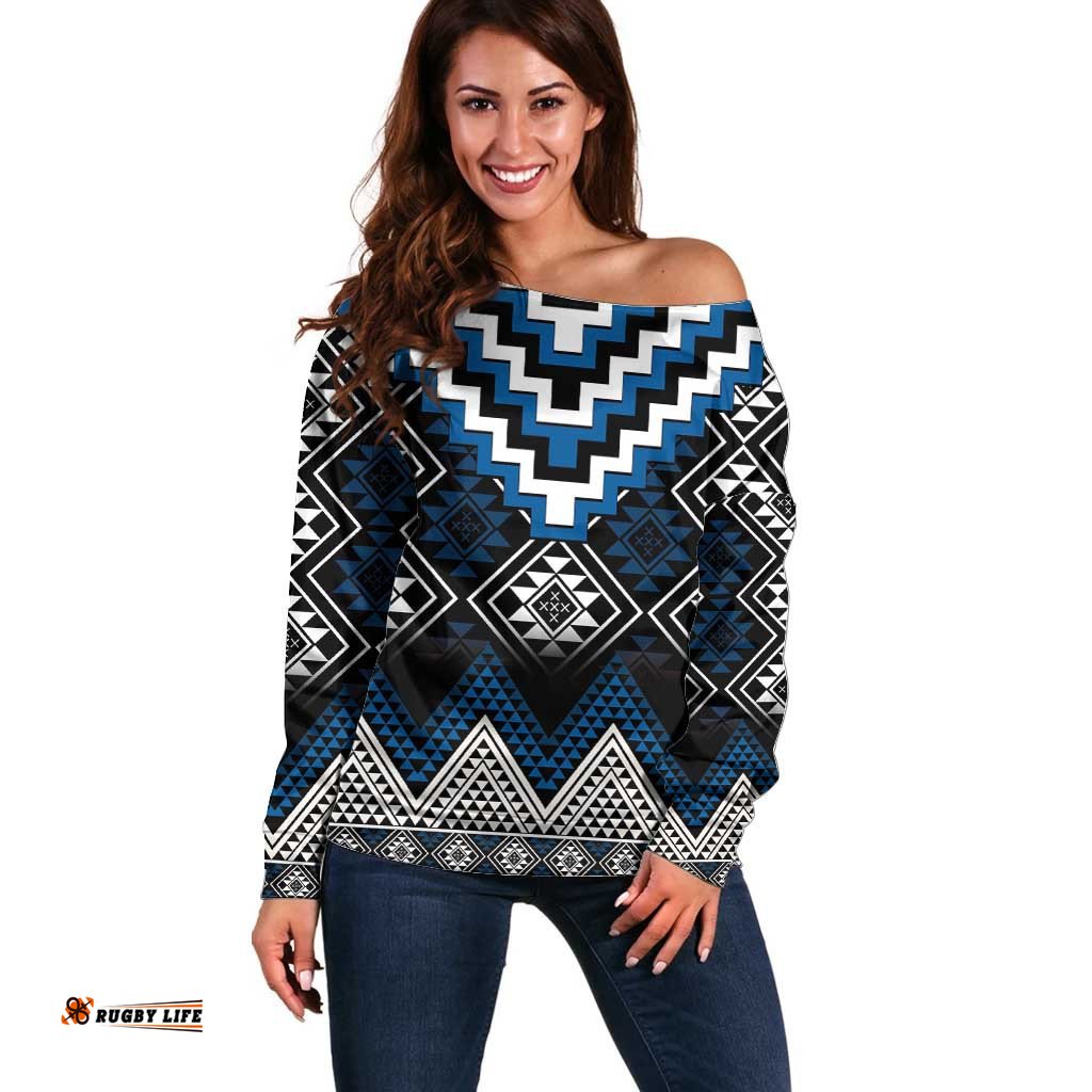 Blue Taniko Aotearoa Off Shoulder Sweater Niho Taniwha Mix Poutama
