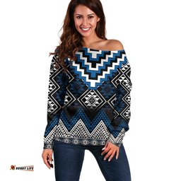 Blue Taniko Aotearoa Off Shoulder Sweater Niho Taniwha Mix Poutama