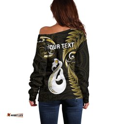 Personalised New Zealand Off Shoulder Sweater Aotearoa Silver Fern With Manaia Maori Unique Gold