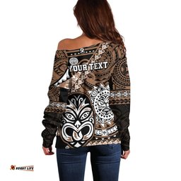 Personalised Te Reo Maori New Zealand Off Shoulder Sweater Aotearoa Kia Haka Maori Tribal Tattoo Gold Style