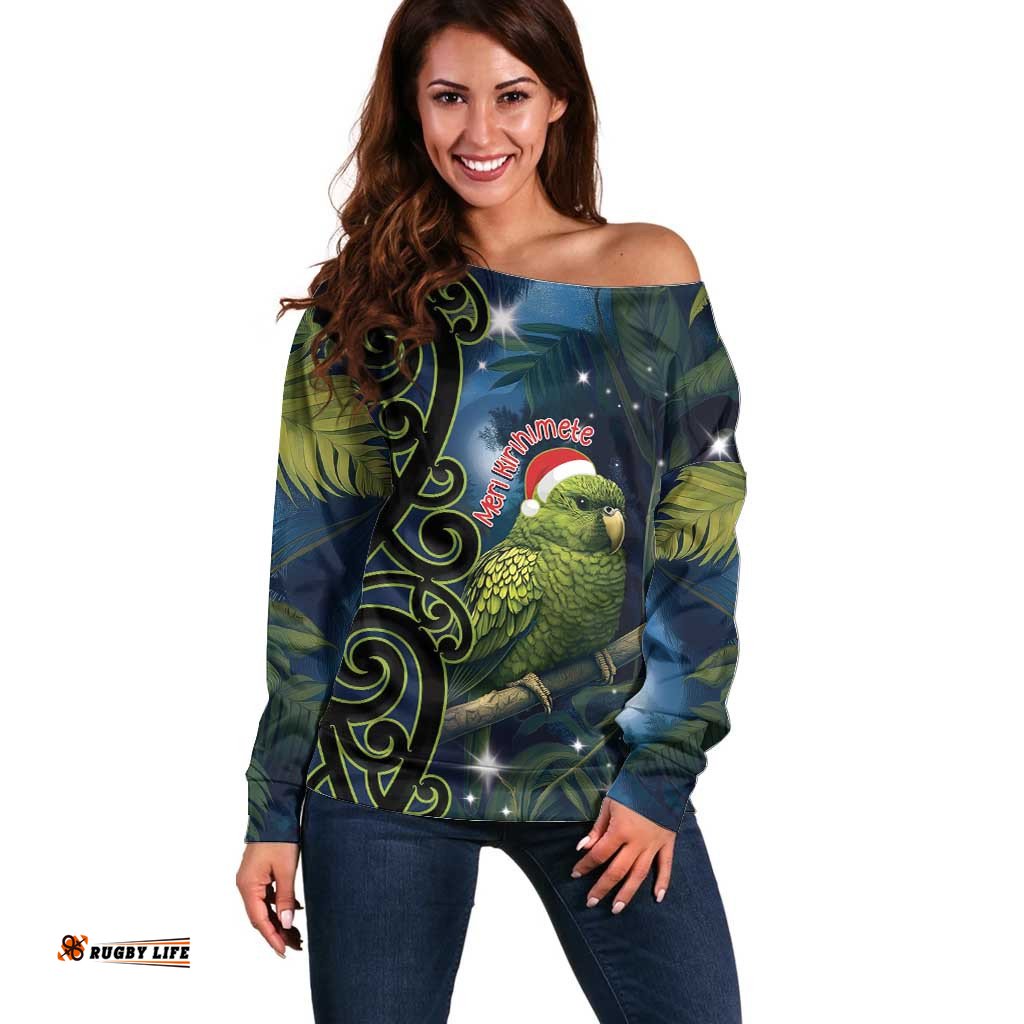 New Zealand Christmas Off Shoulder Sweater Cute Kakapo Meri Kirihimete Maori Koru