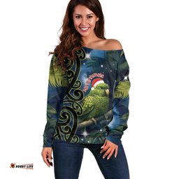 New Zealand Christmas Off Shoulder Sweater Cute Kakapo Meri Kirihimete Maori Koru