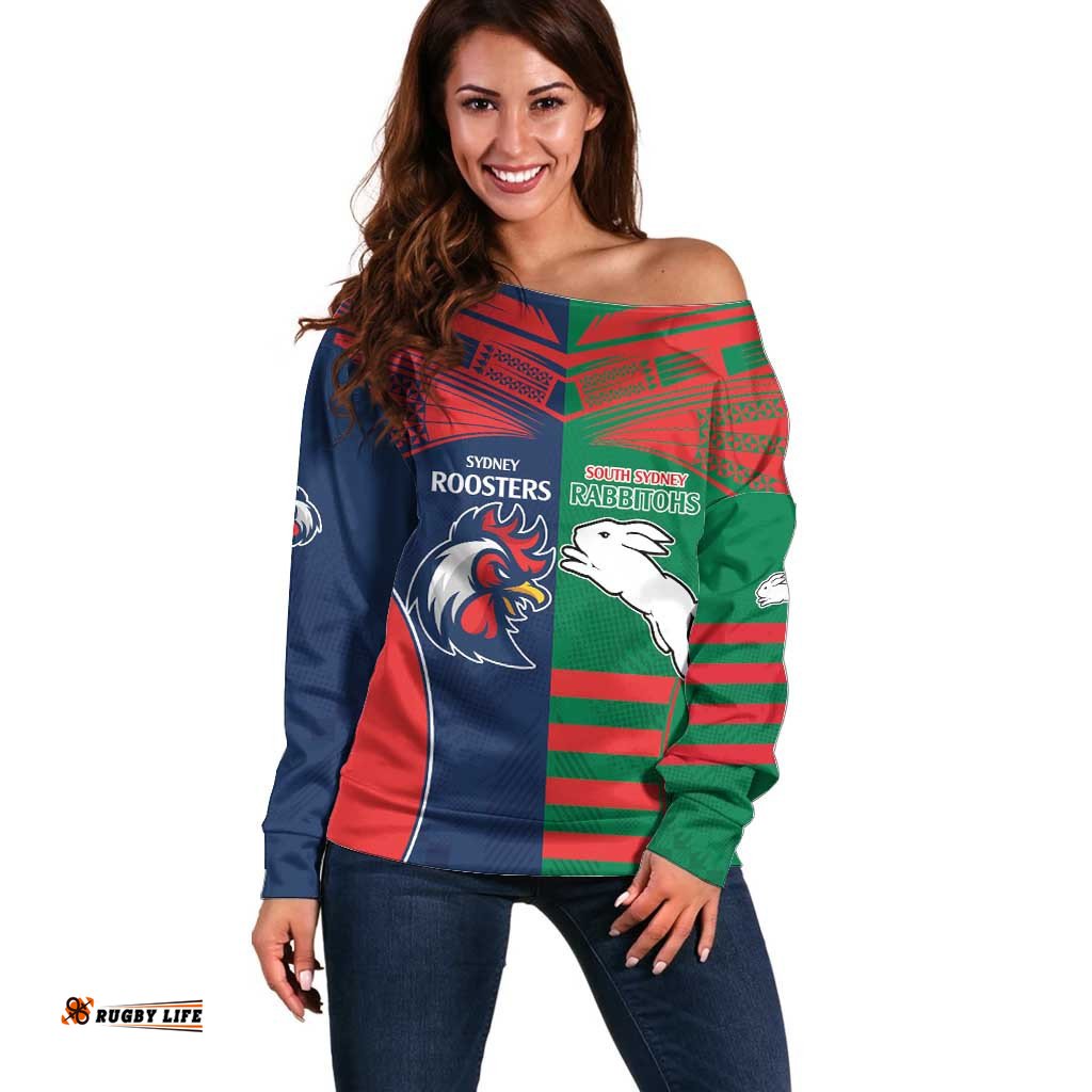 Custom Roosters Rabbitohs Off Shoulder Sweater NRL Tribal Half Style