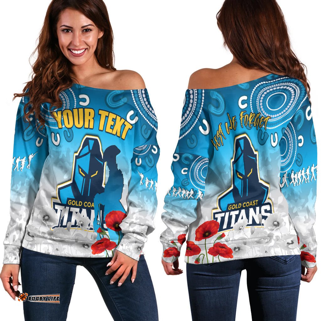 Custom Personalised Titans Anzac Women Off Shoulder Sweater Gold Coast Aboriginal White Camouflage