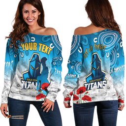 Custom Personalised Titans Anzac Women Off Shoulder Sweater Gold Coast Aboriginal White Camouflage