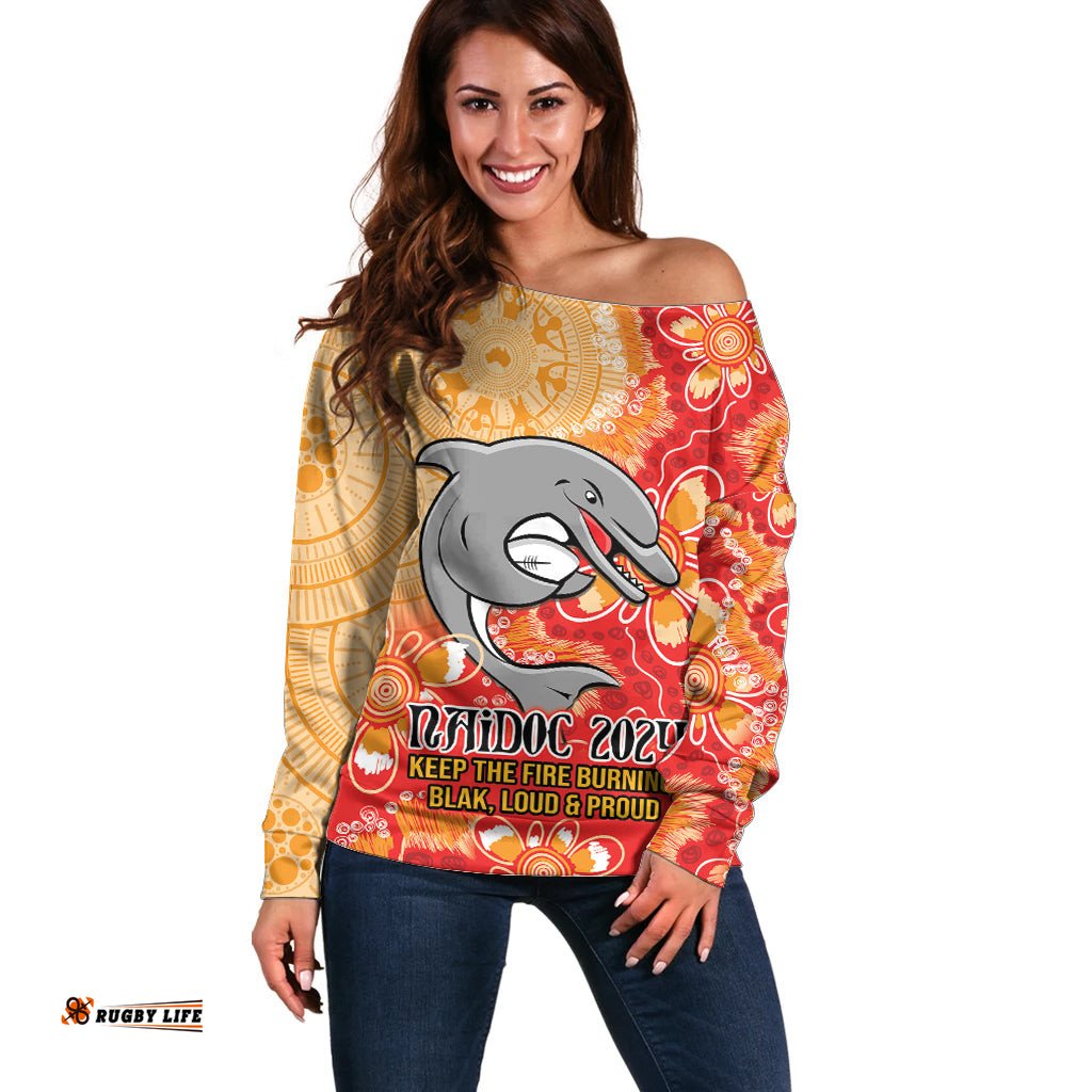 Personalised Dolphins NAIDOC Week 2024 Off Shoulder Sweater Aboriginal Fire Burning Sparks