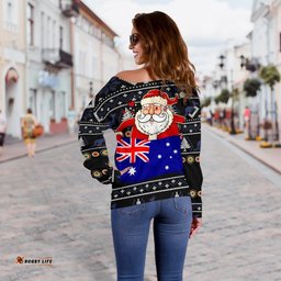 Christmas Women's Off Shoulder Sweater Australia Santa Claus Hold The Flag Black