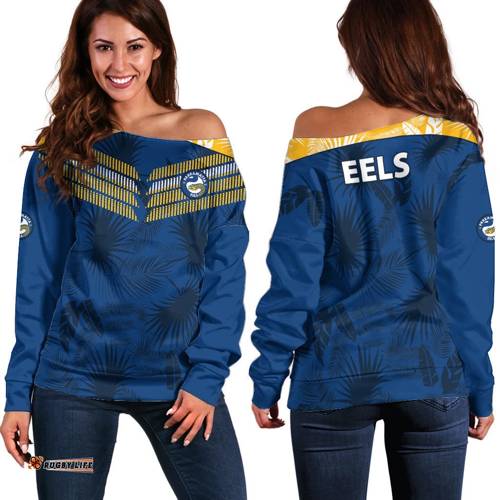 Parramatta Eels Rugby Off Shoulder Sweater Simple Hawaiian Palms Leaf