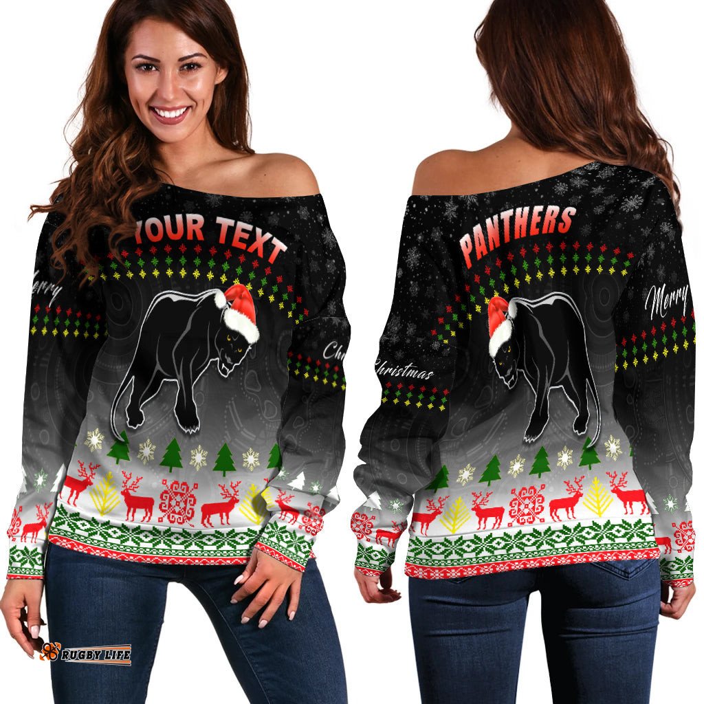 Custom Personalised Penrith Panthers Off Shoulder Sweater Merry Christmas Indigenous