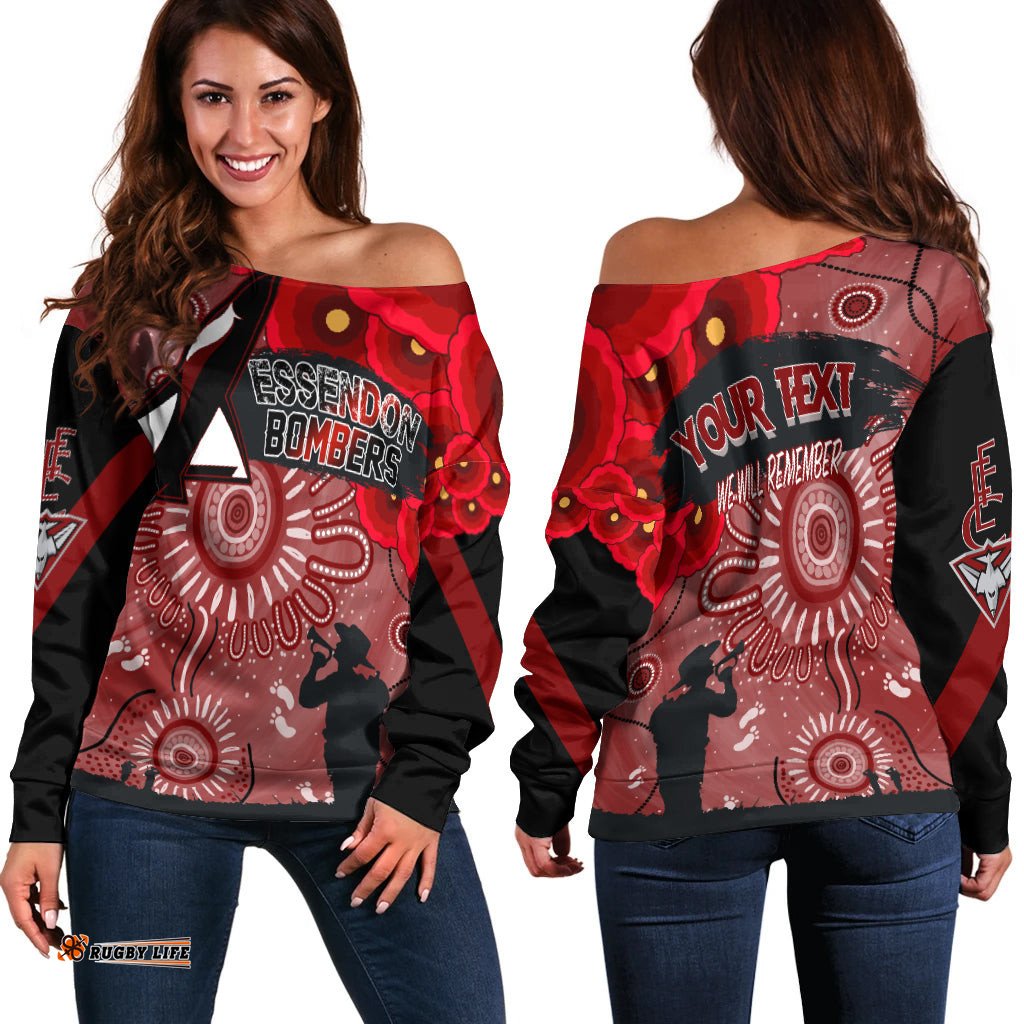 Custom Personalised Essendon Bombers Indigenous Anzac Day Off Shoulder Sweater We Will Remember