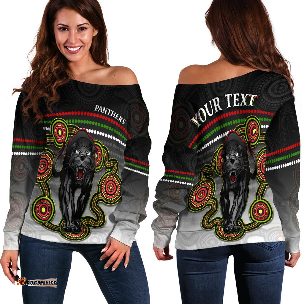 Custom Personalised Panthers Indigenous Off Shoulder Sweater Version White Alternate