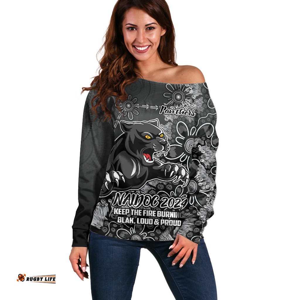 Personalised Panthers NAIDOC Week 2024 Off Shoulder Sweater Aboriginal Fire Burning Sparks