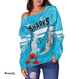 Custom Personalised Sharks Anzac Women Off Shoulder Sweater Cronulla Sutherland Lest We Forget